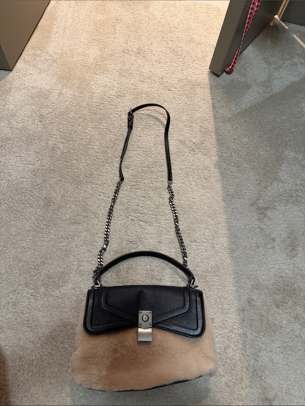 Aimee Kestenberg- Black and Tan Faux Fur Crossbody Bag with Top Handle